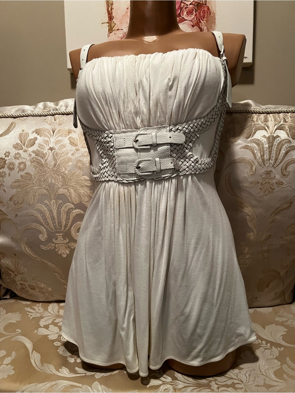 Sky white top with leather buckle straps & weaved belted waist